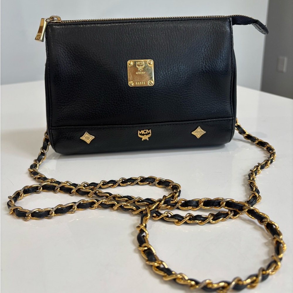 MCM Vintage Black Pebbled Leather Chain Crossbody Bag Gold Hardware - Picture 4 of 13